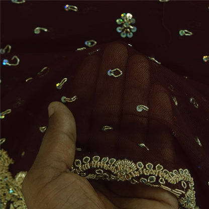 Sanskriti Vintage Indian Dark Brown Dupatta Long Stole Net Hand Beaded Wrap Veil