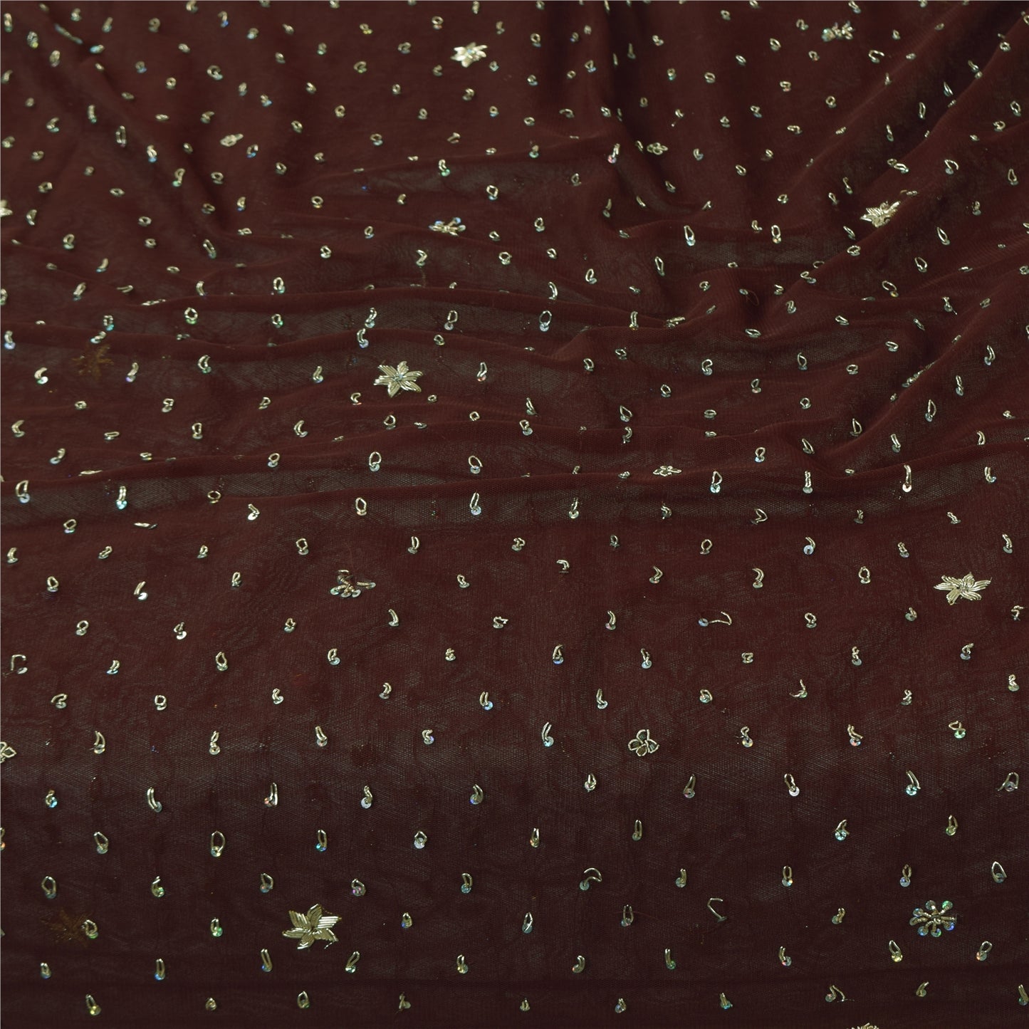 Sanskriti Vintage Indian Dark Brown Dupatta Long Stole Net Hand Beaded Wrap Veil