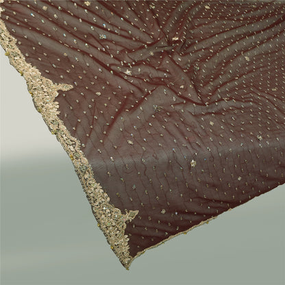 Sanskriti Vintage Indian Dark Brown Dupatta Long Stole Net Hand Beaded Wrap Veil