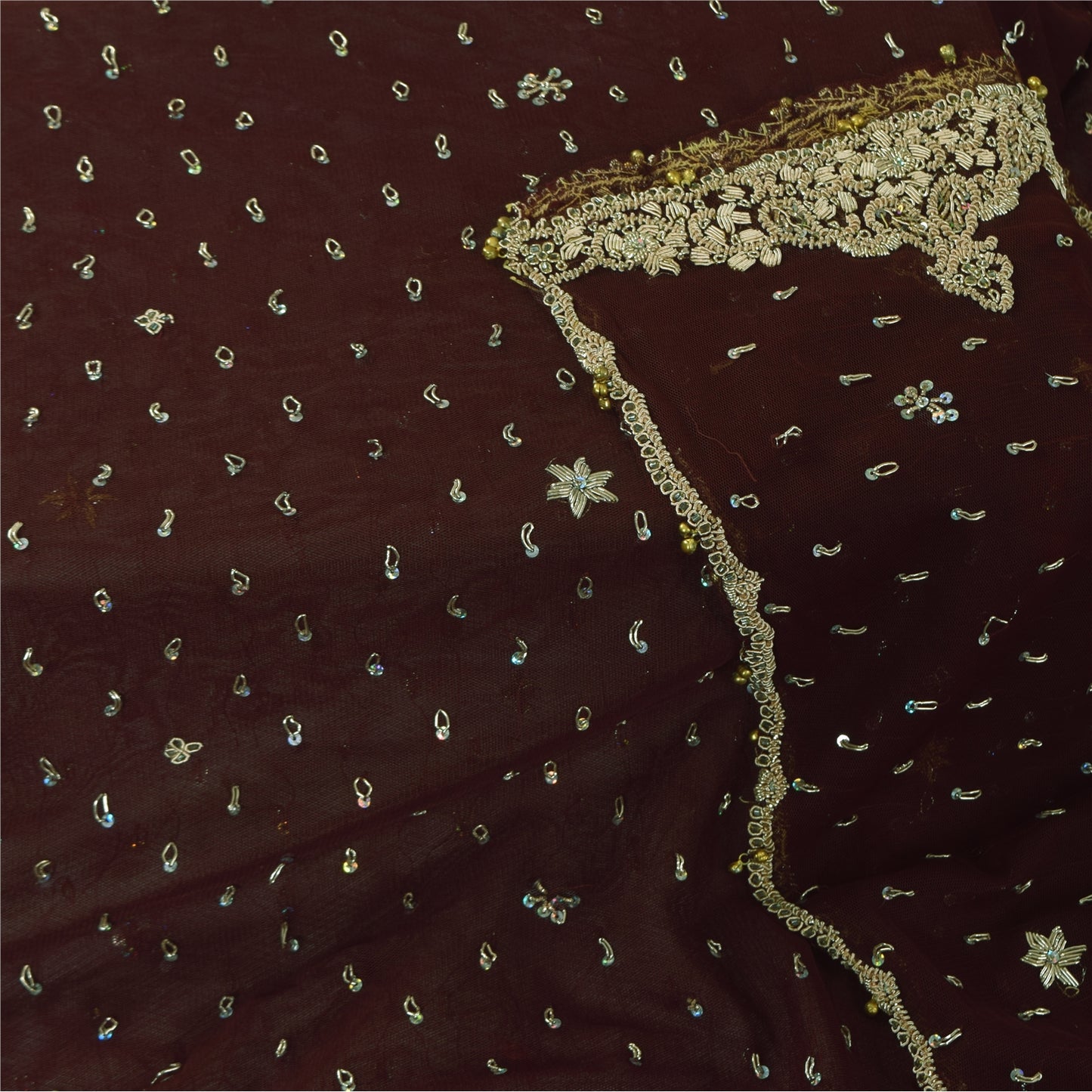 Sanskriti Vintage Indian Dark Brown Dupatta Long Stole Net Hand Beaded Wrap Veil