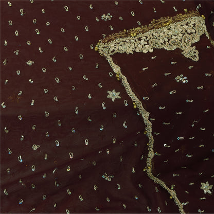 Sanskriti Vintage Indian Dark Brown Dupatta Long Stole Net Hand Beaded Wrap Veil