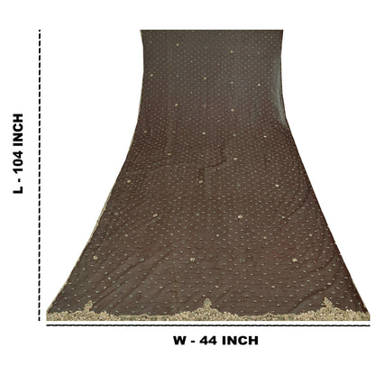 Sanskriti Vintage Indian Dark Brown Dupatta Long Stole Net Hand Beaded Wrap Veil