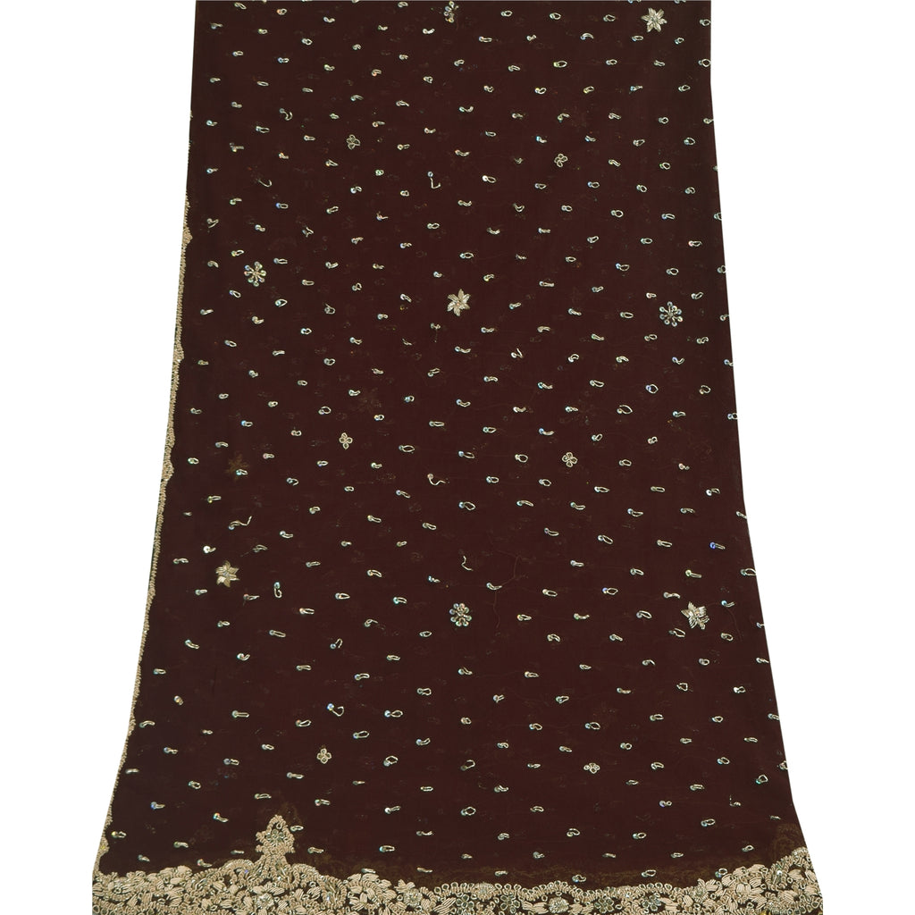 Sanskriti Vintage Indian Dark Brown Dupatta Long Stole Net Hand Beaded Wrap Veil