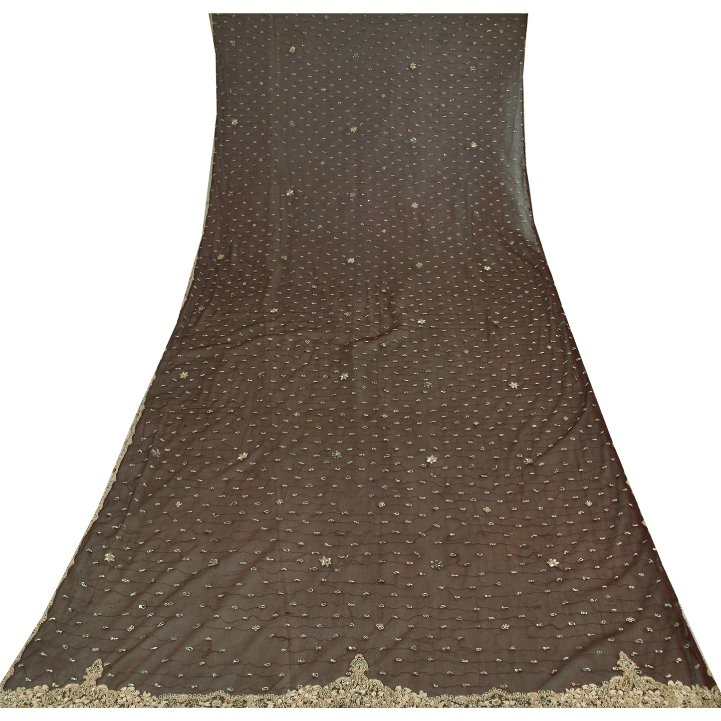Sanskriti Vintage Indian Dark Brown Dupatta Long Stole Net Hand Beaded Wrap Veil