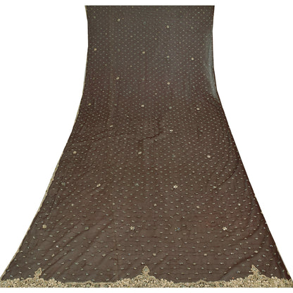 Sanskriti Vintage Indian Dark Brown Dupatta Long Stole Net Hand Beaded Wrap Veil