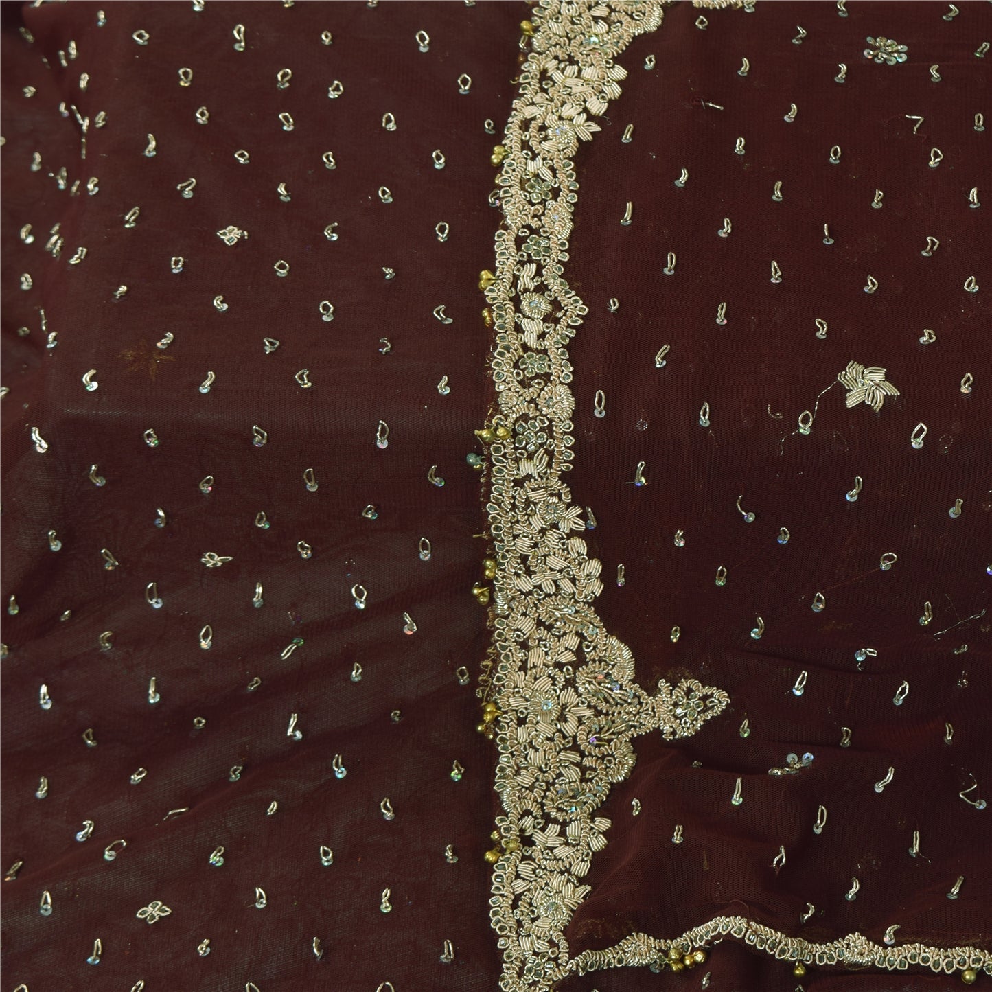 Sanskriti Vintage Indian Dark Brown Dupatta Long Stole Net Hand Beaded Wrap Veil