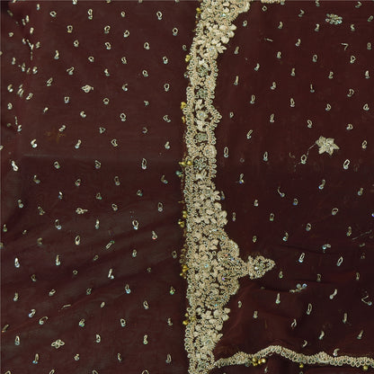 Sanskriti Vintage Indian Dark Brown Dupatta Long Stole Net Hand Beaded Wrap Veil