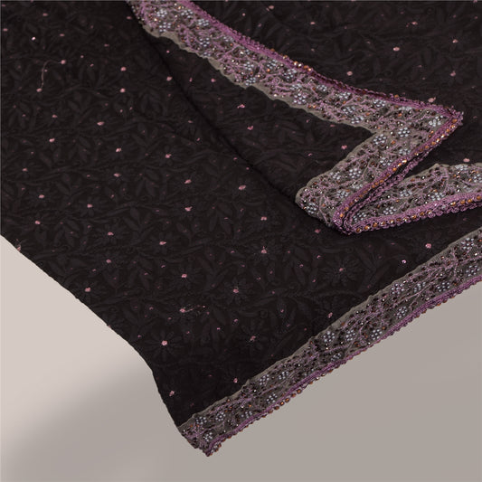 Sanskriti Vintage Black Dupatta Long Stole Pure Georgette Hand Beaded Wrap Veil