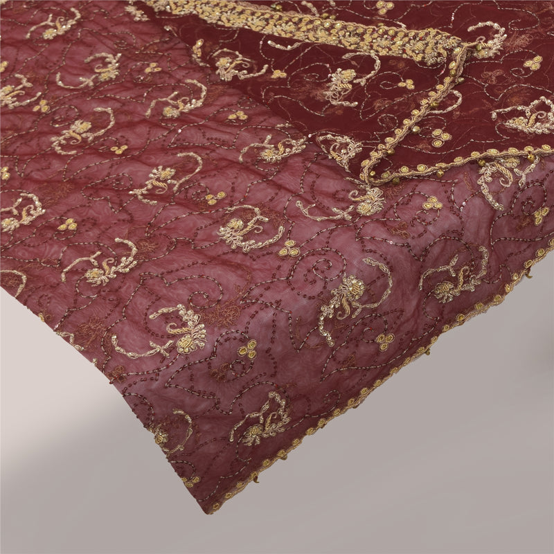 Sanskriti Vintage Red Dupatta Long Stole Net Mesh Hand Beaded Zari Zarrdozi Ethnic Wrap Hijab Indian Heritage Textile Women Traditional