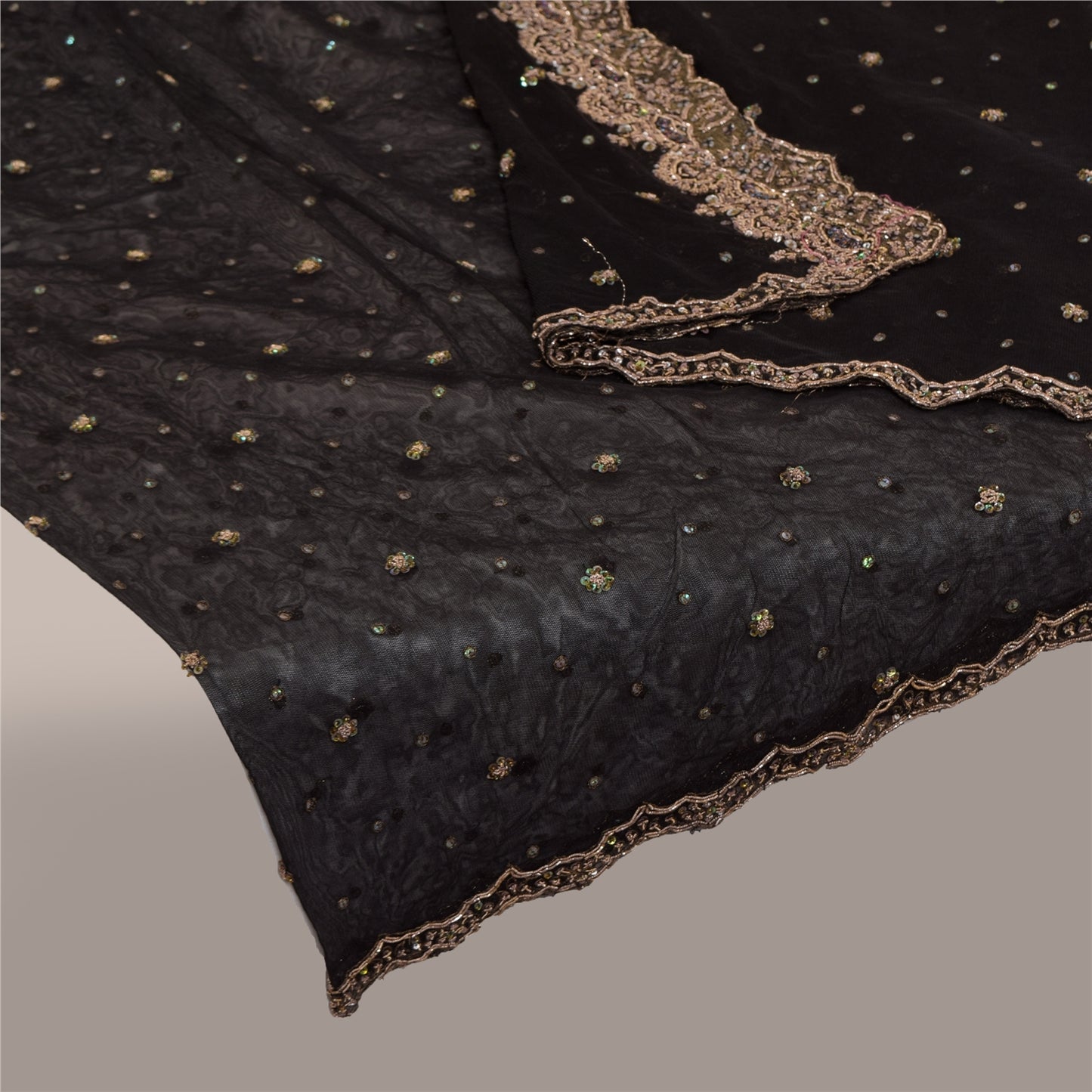 Sanskriti Vintage Ivory/Orange Dupatta Long Stole Pure Silk Hand Beaded Veil