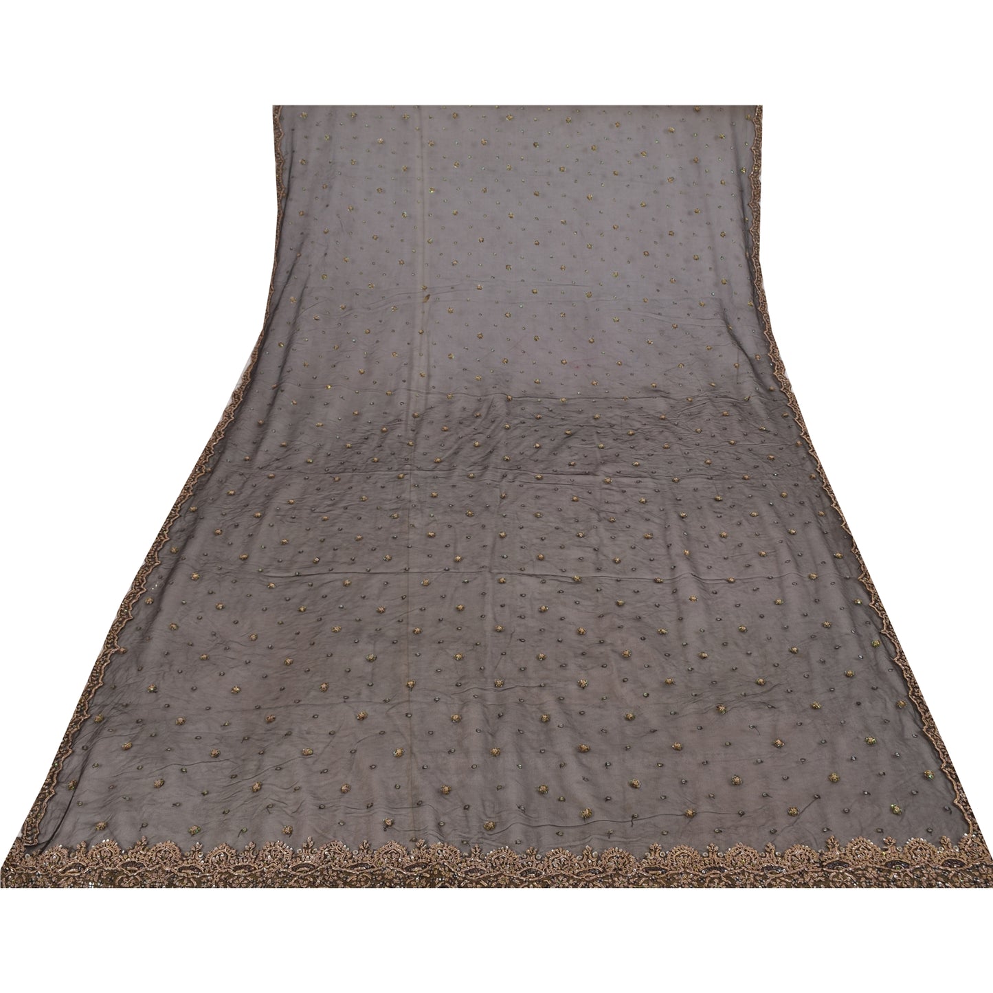 Sanskriti Vintage Ivory/Orange Dupatta Long Stole Pure Silk Hand Beaded Veil