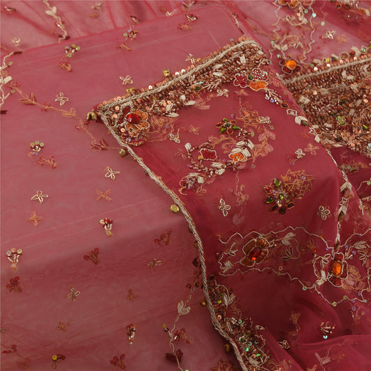 Sanskriti Vintage Pink Pure Silk Indian Dupatta Long Stole Hand Beaded Veil
