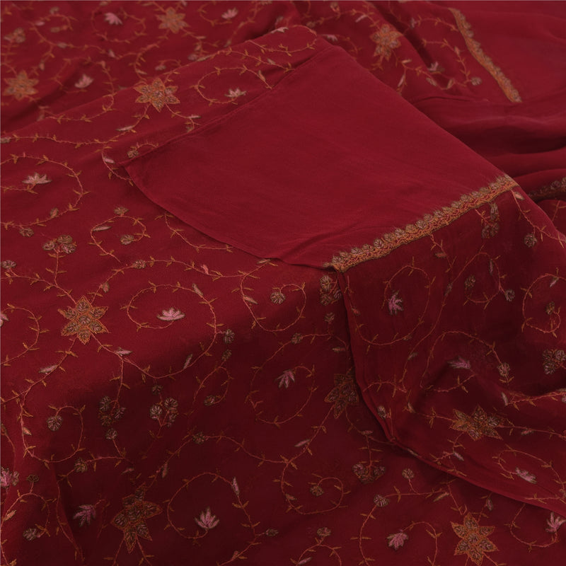 Sanskriti Vintage Red Pure Georgette Silk Dupatta Long Stole Embroidered Veil Home Decor, Sewing, Upcycling, DIY Projects, Crafting