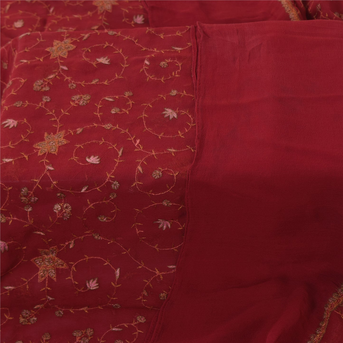 Sanskriti Vintage Red Pure Georgette Silk Dupatta Long Stole Embroidered Veil Home Decor, Sewing, Upcycling, DIY Projects, Crafting