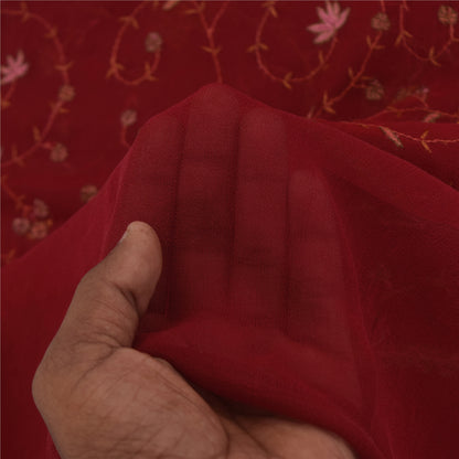 Sanskriti Vintage Red Pure Georgette Silk Dupatta Long Stole Embroidered Veil Home Decor, Sewing, Upcycling, DIY Projects, Crafting