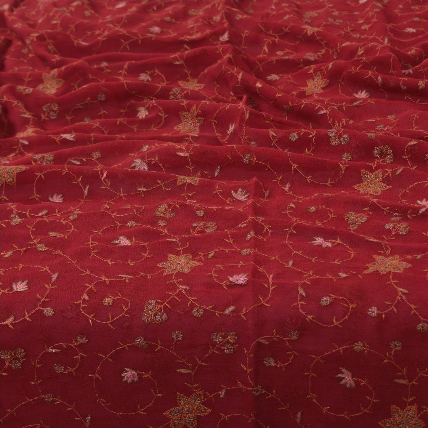 Sanskriti Vintage Red Pure Georgette Silk Dupatta Long Stole Embroidered Veil Home Decor, Sewing, Upcycling, DIY Projects, Crafting