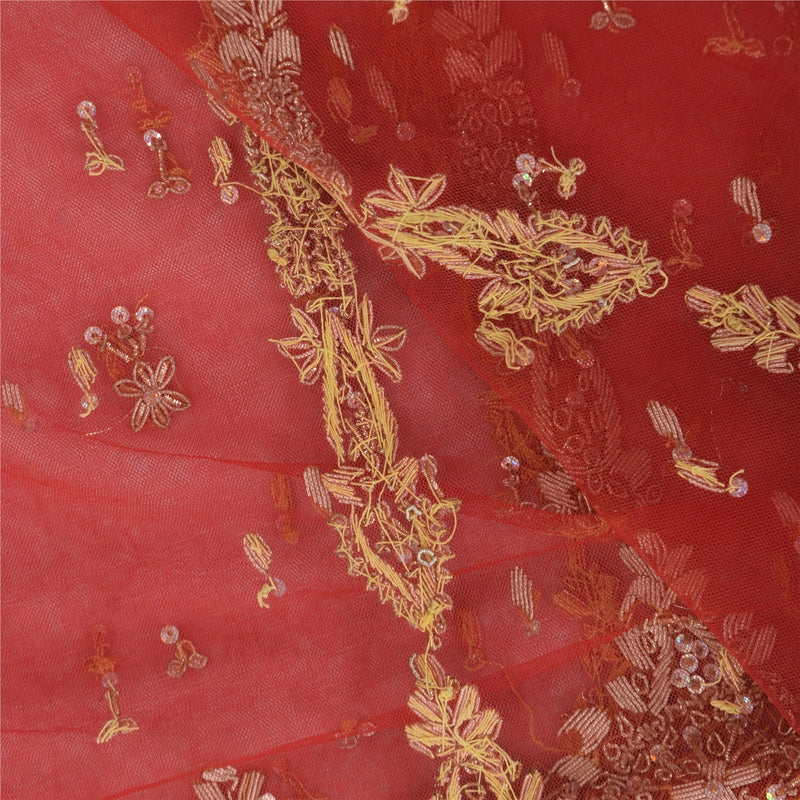 Sanskriti Vintage Red Net Mesh Dupatta Long Stole Hand Beaded Dabka Zardozi Sequis Wrap Veil Crafting, Upcycling, Recycling, Dress Making