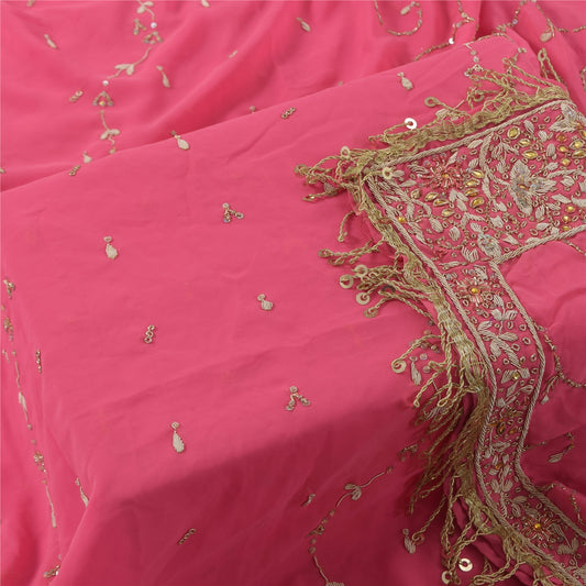 Sanskriti Vintage Pink Georgette Dupatta Long Stole Hand Bead Zari Zardozi Veil Uses-linen, Cushions, Curtains, Dressing, Decor, Sewing