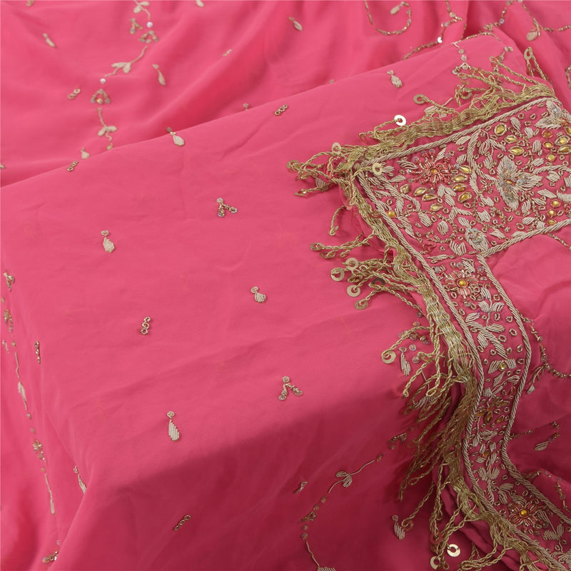 Sanskriti Vintage Pink Georgette Dupatta Long Stole Hand Bead Zari Zardozi Veil Uses-linen, Cushions, Curtains, Dressing, Decor, Sewing