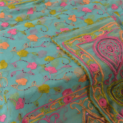 Sanskriti Vintage Blue Dupatta Long Stole Pure Chiffon Hand Embroidered Scarves