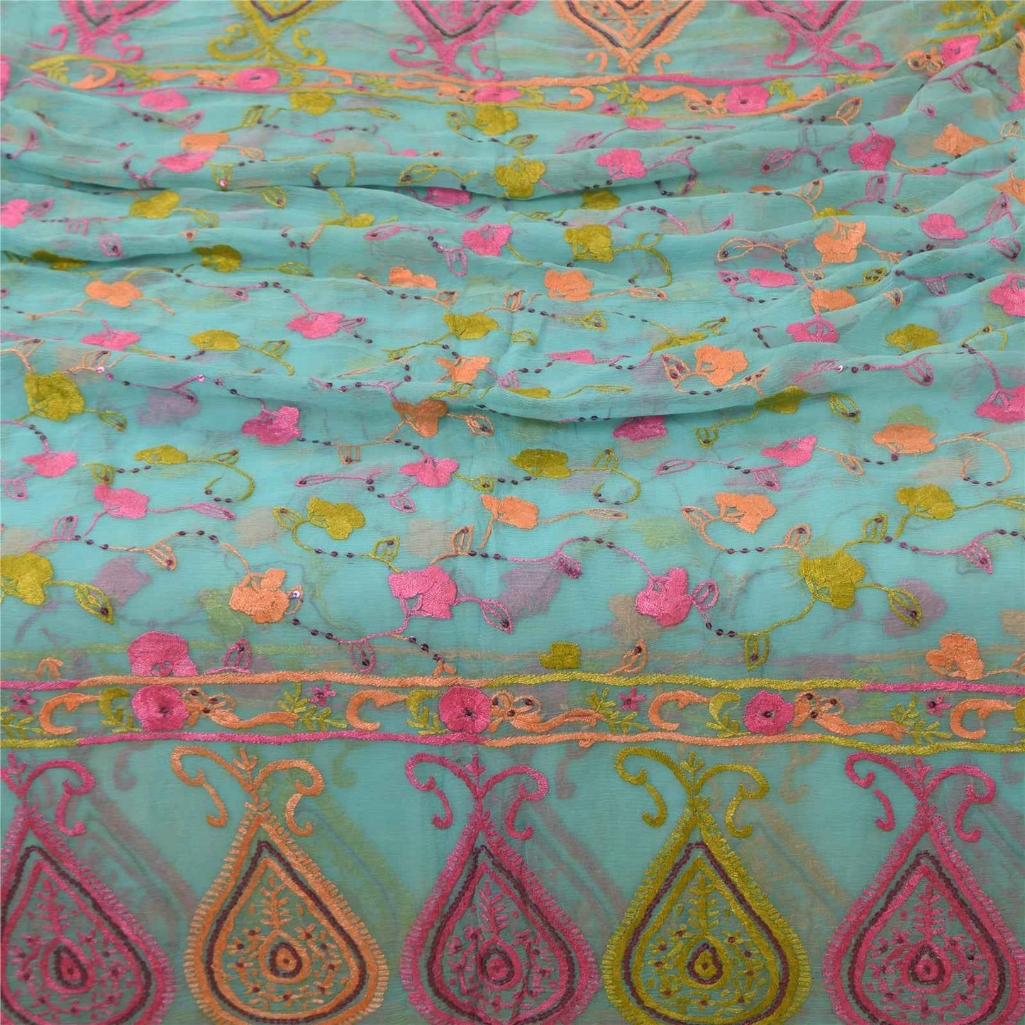 Sanskriti Vintage Blue Dupatta Long Stole Pure Chiffon Hand Embroidered Scarves