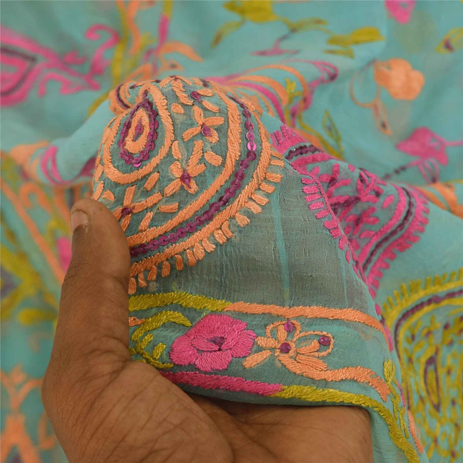 Sanskriti Vintage Blue Dupatta Long Stole Pure Chiffon Hand Embroidered Scarves