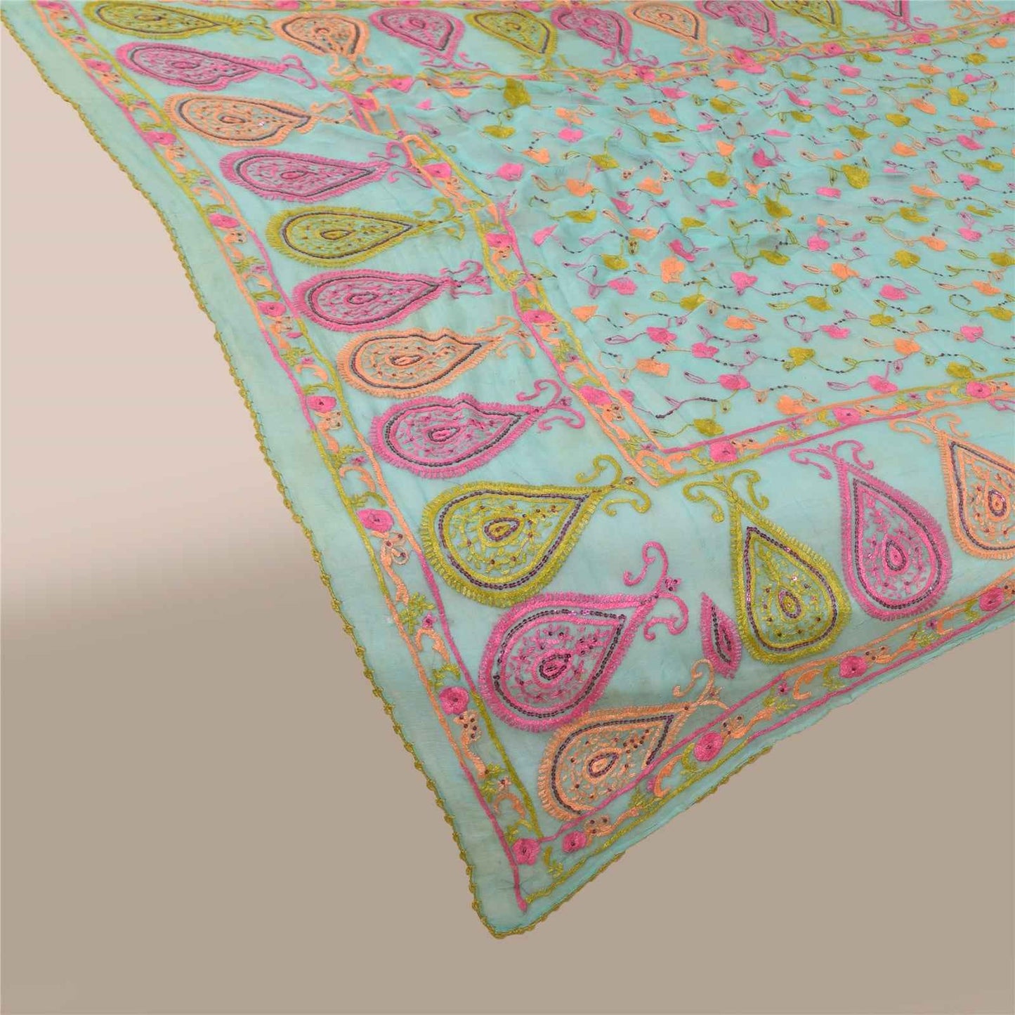 Sanskriti Vintage Blue Dupatta Long Stole Pure Chiffon Hand Embroidered Scarves