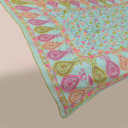 Sanskriti Vintage Blue Dupatta Long Stole Pure Chiffon Hand Embroidered Scarves