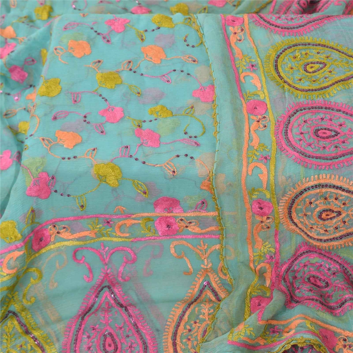 Sanskriti Vintage Blue Dupatta Long Stole Pure Chiffon Hand Embroidered Scarves