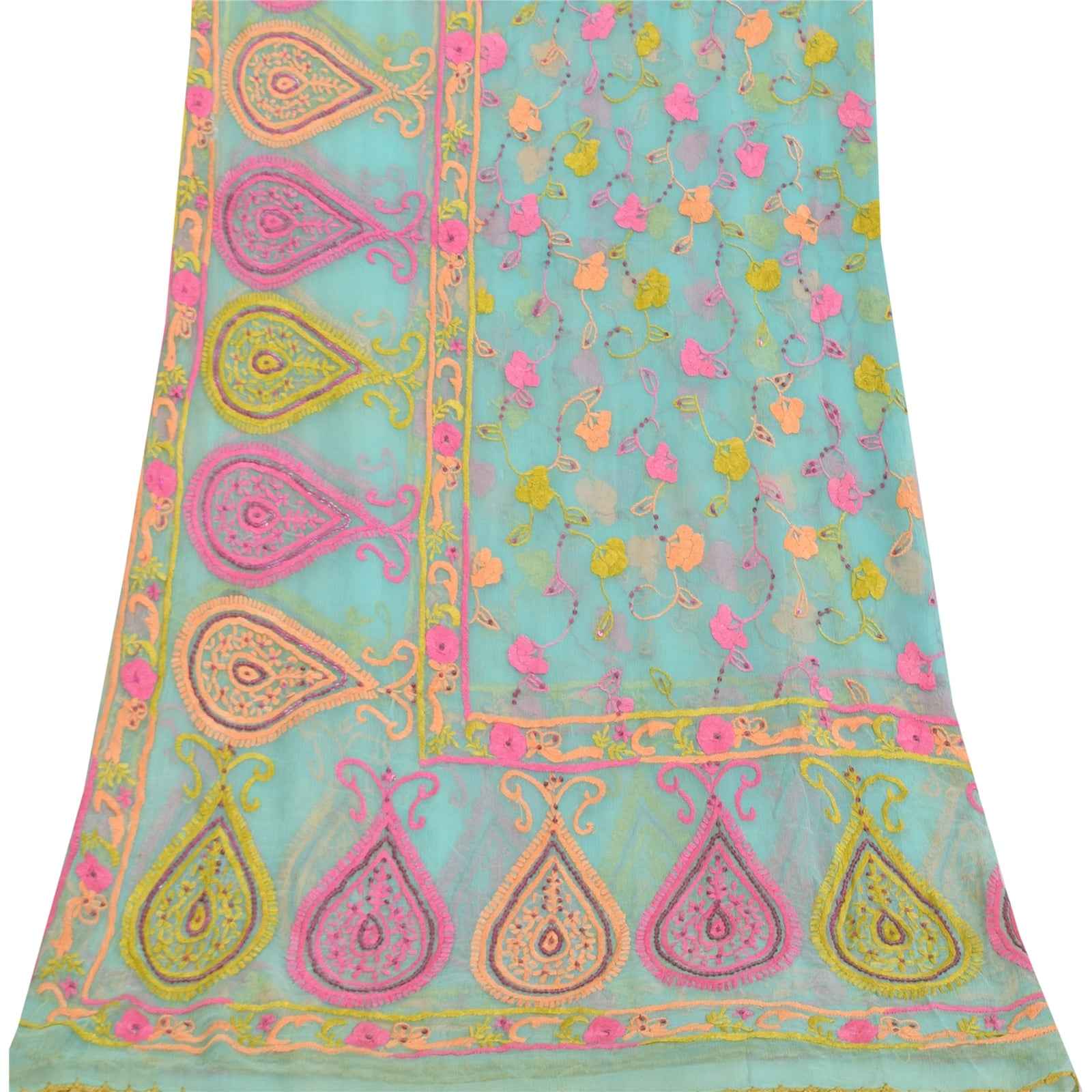 Sanskriti Vintage Blue Dupatta Long Stole Pure Chiffon Hand Embroidered Scarves