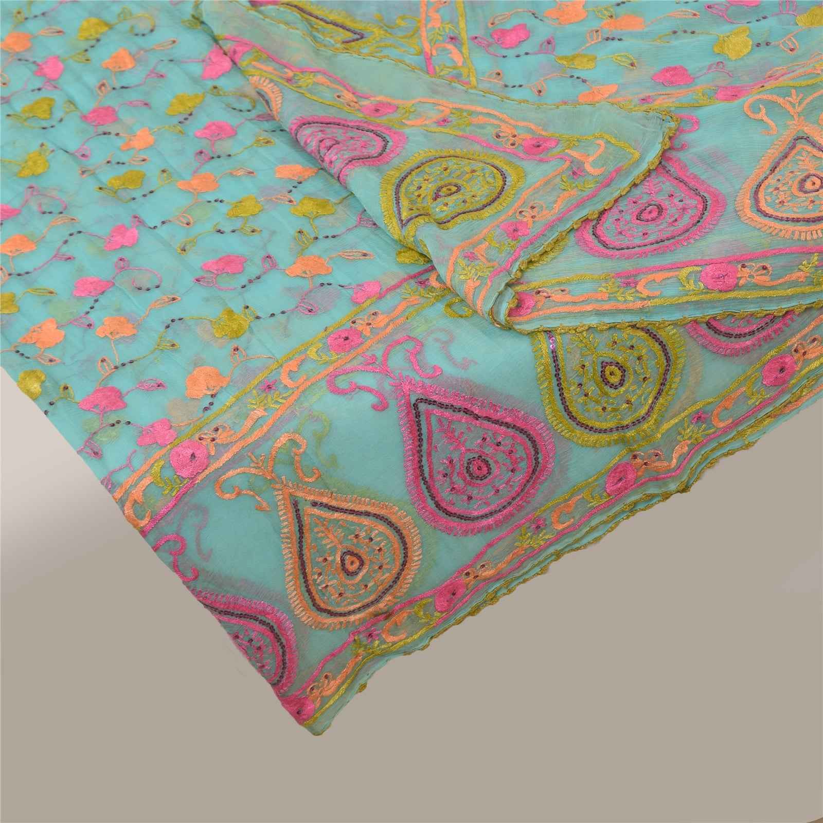 Sanskriti Vintage Blue Dupatta Long Stole Pure Chiffon Hand Embroidered Scarves