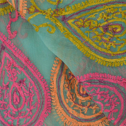 Sanskriti Vintage Blue Dupatta Long Stole Pure Chiffon Hand Embroidered Scarves