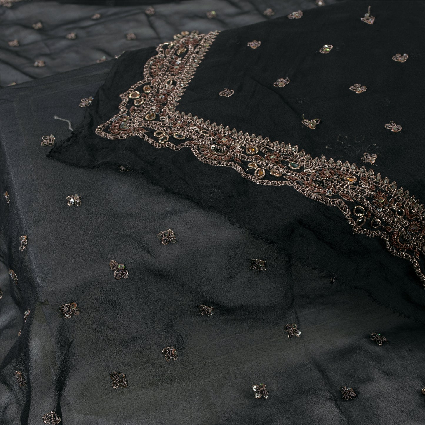 Sanskriti Vintage Dupatta Pure Georgette Black Hand Beaded Zardozi Dabka Stole