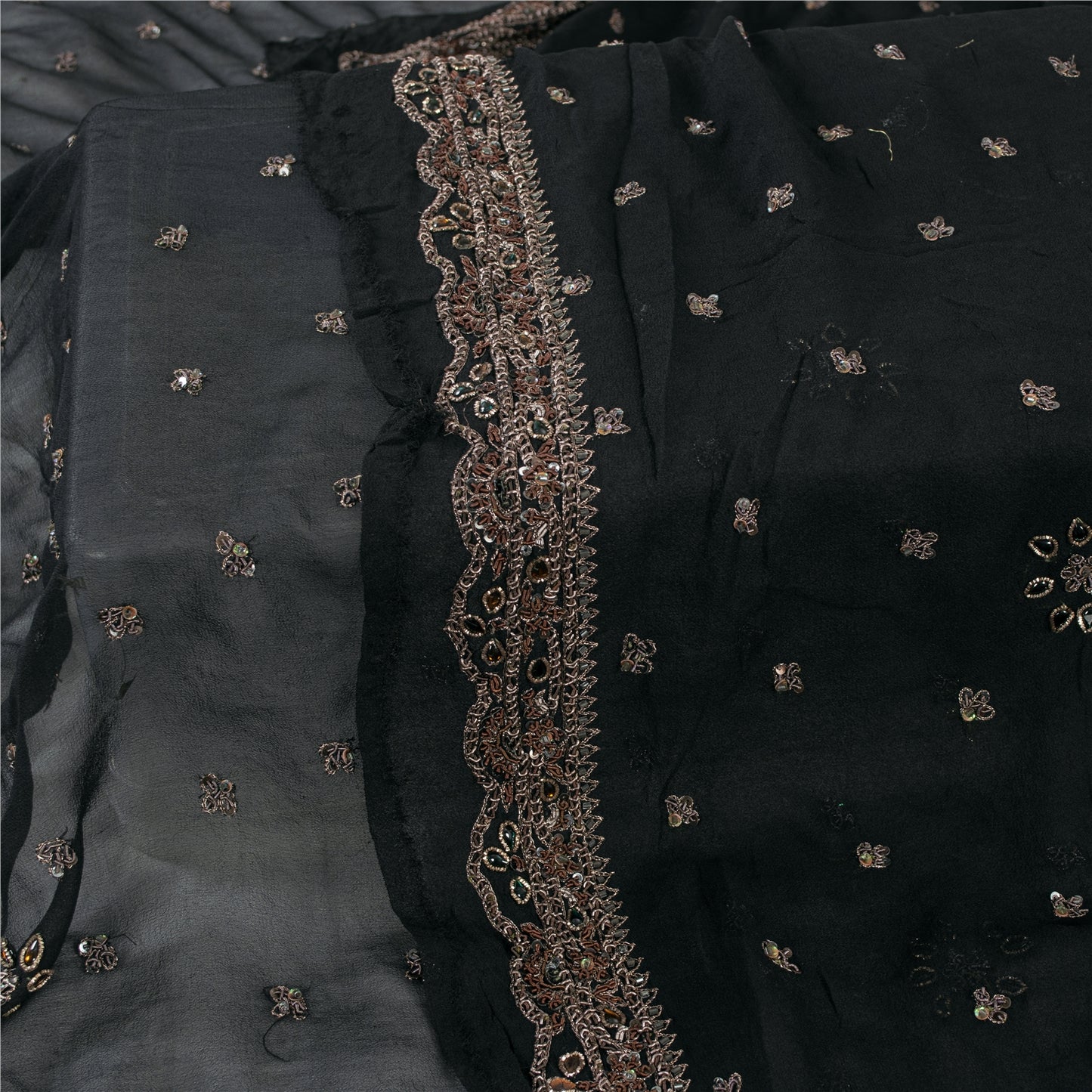 Sanskriti Vintage Dupatta Pure Georgette Black Hand Beaded Zardozi Dabka Stole