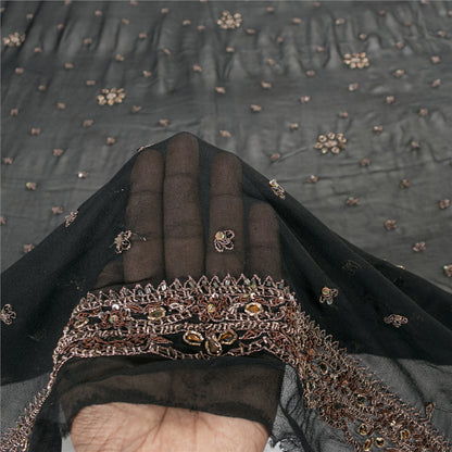 Sanskriti Vintage Dupatta Pure Georgette Black Hand Beaded Zardozi Dabka Stole