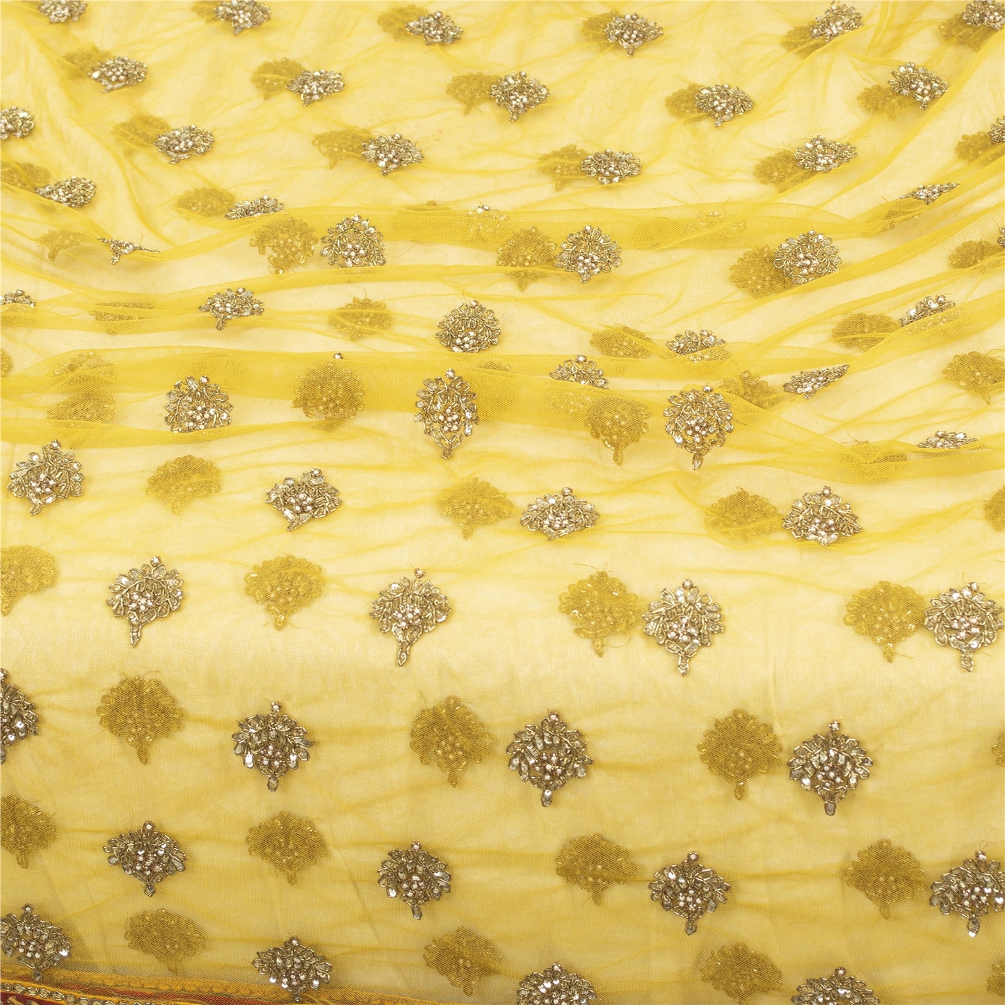 Sanskriti Vintage Dupatta/Stole Net Mesh Yellow Hand Beaded Zardozi Scarves Veil
