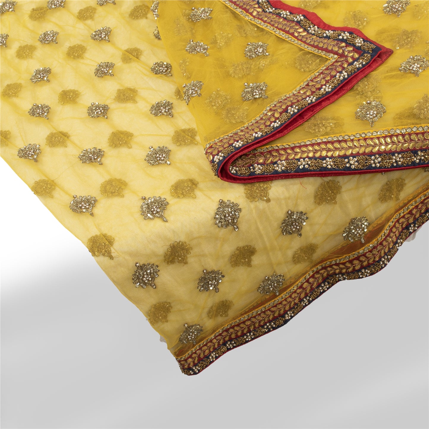 Sanskriti Vintage Dupatta/Stole Net Mesh Yellow Hand Beaded Zardozi Scarves Veil