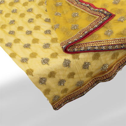 Sanskriti Vintage Dupatta/Stole Net Mesh Yellow Hand Beaded Zardozi Scarves Veil