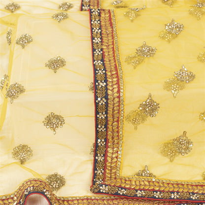 Sanskriti Vintage Dupatta/Stole Net Mesh Yellow Hand Beaded Zardozi Scarves Veil