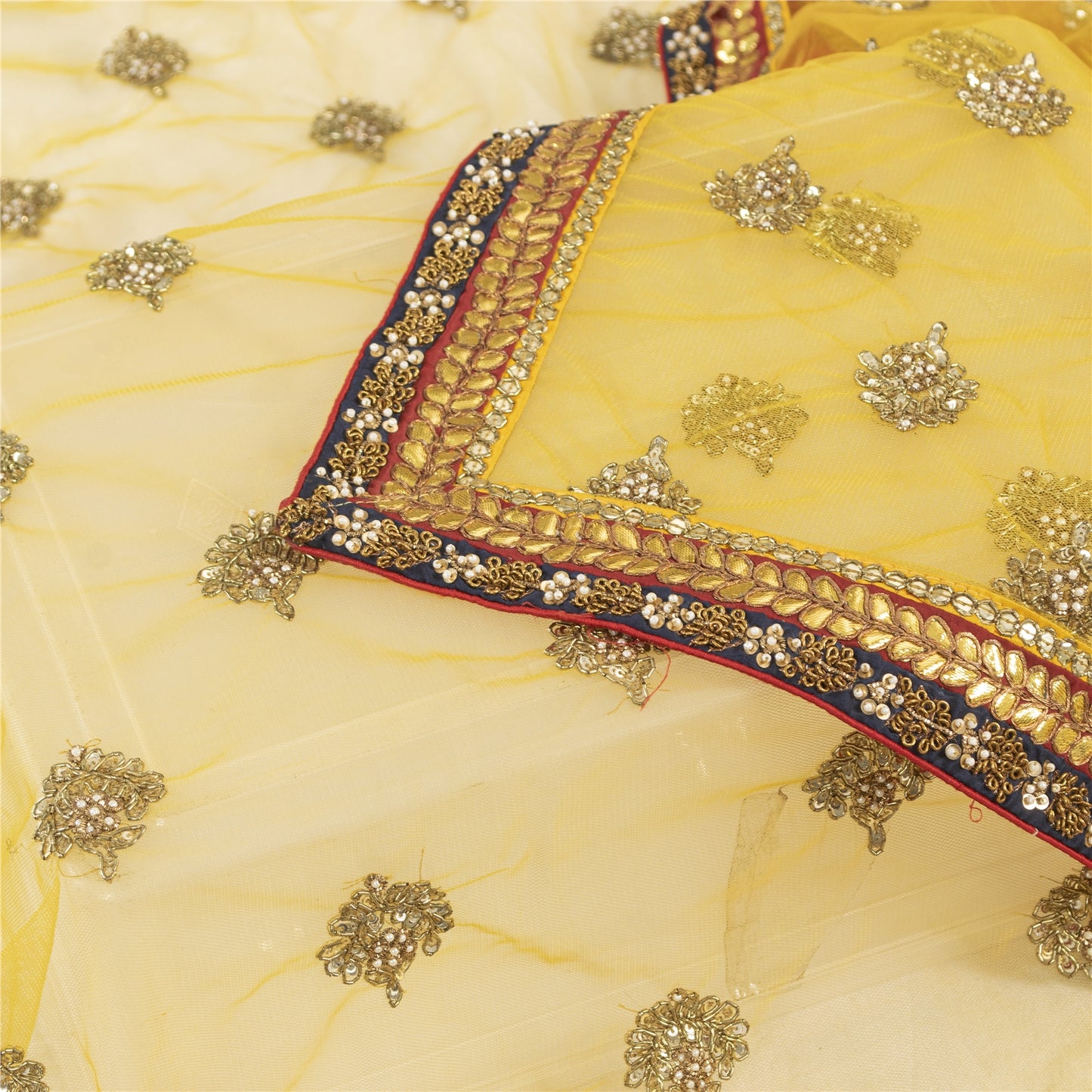 Sanskriti Vintage Dupatta/Stole Net Mesh Yellow Hand Beaded Zardozi Scarves Veil