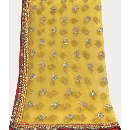 Sanskriti Vintage Dupatta/Stole Net Mesh Yellow Hand Beaded Zardozi Scarves Veil