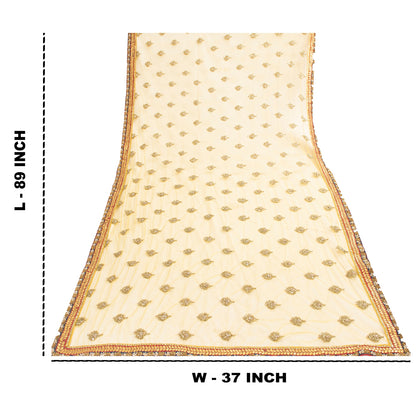 Sanskriti Vintage Dupatta/Stole Net Mesh Yellow Hand Beaded Zardozi Scarves Veil