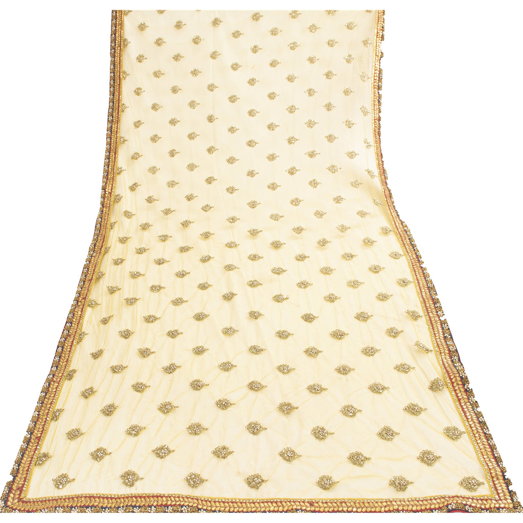Sanskriti Vintage Dupatta/Stole Net Mesh Yellow Hand Beaded Zardozi Scarves Veil