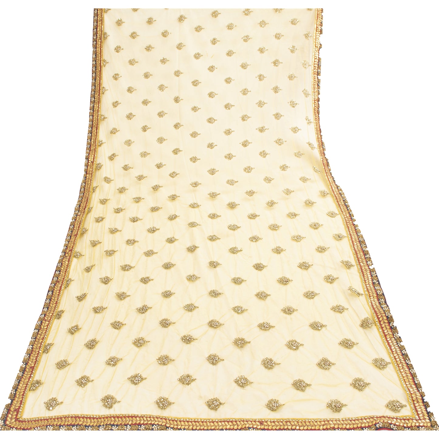 Sanskriti Vintage Dupatta/Stole Net Mesh Yellow Hand Beaded Zardozi Scarves Veil