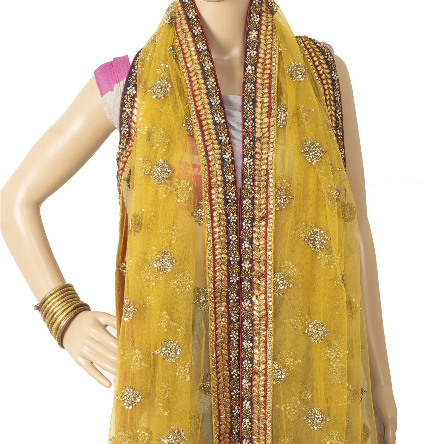 Sanskriti Vintage Dupatta/Stole Net Mesh Yellow Hand Beaded Zardozi Scarves Veil