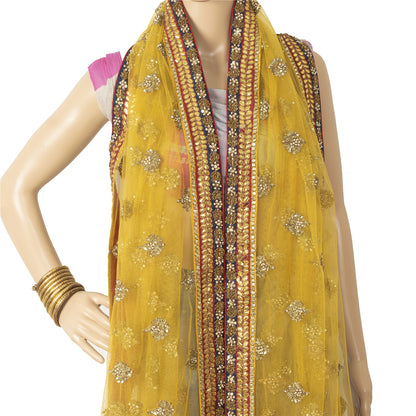 Sanskriti Vintage Dupatta/Stole Net Mesh Yellow Hand Beaded Zardozi Scarves Veil