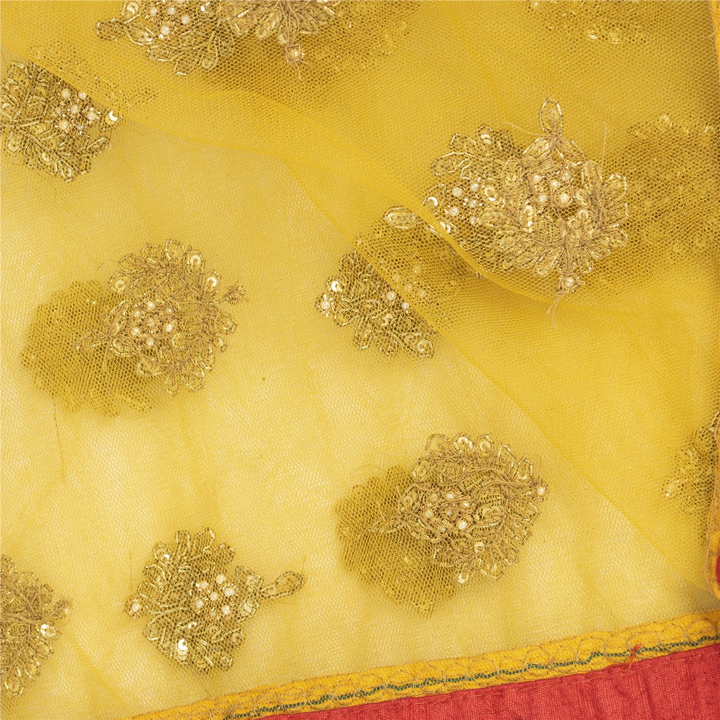Sanskriti Vintage Dupatta/Stole Net Mesh Yellow Hand Beaded Zardozi Scarves Veil