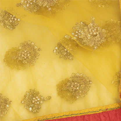 Sanskriti Vintage Dupatta/Stole Net Mesh Yellow Hand Beaded Zardozi Scarves Veil