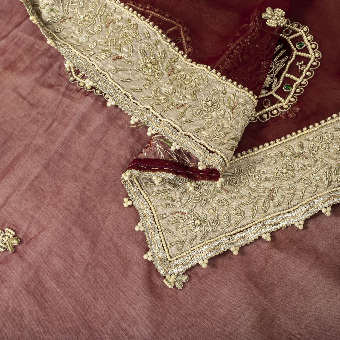 Sanskriti Vintage Red Organza Dupatta/Stole Hand Embroidered Zardozi Dabka Veil