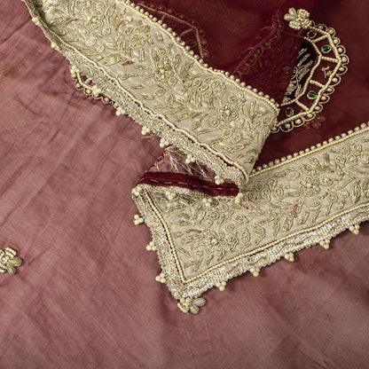 Sanskriti Vintage Red Organza Dupatta/Stole Hand Embroidered Zardozi Dabka Veil